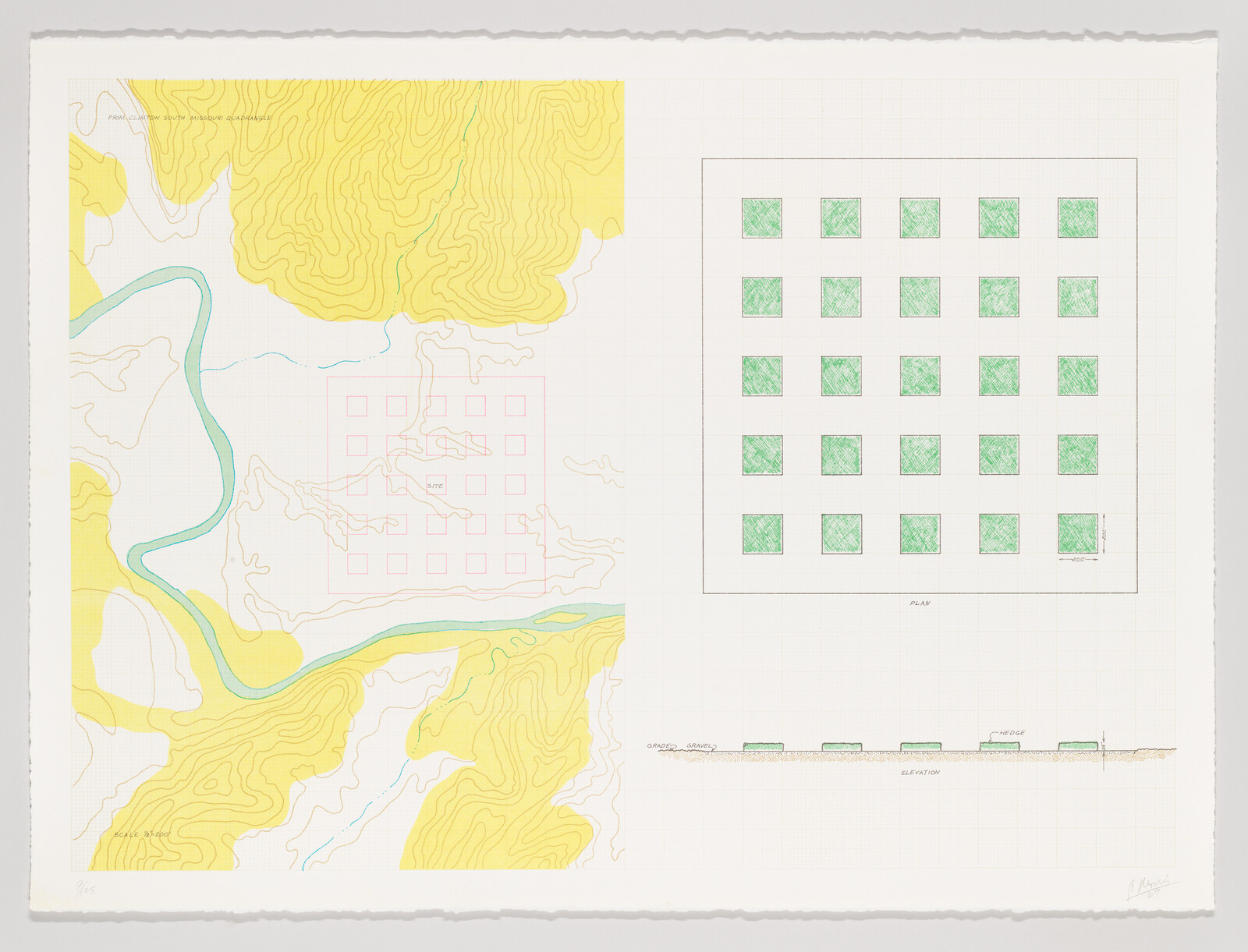 Left topographic map shows river and hills while right shows a grid of green planted squares.