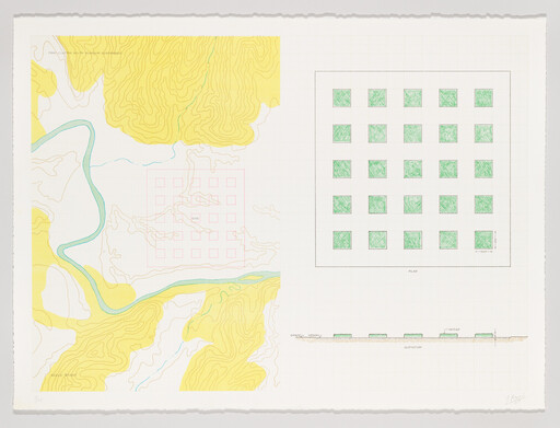 Left topographic map shows river and hills while right shows a grid of green planted squares.