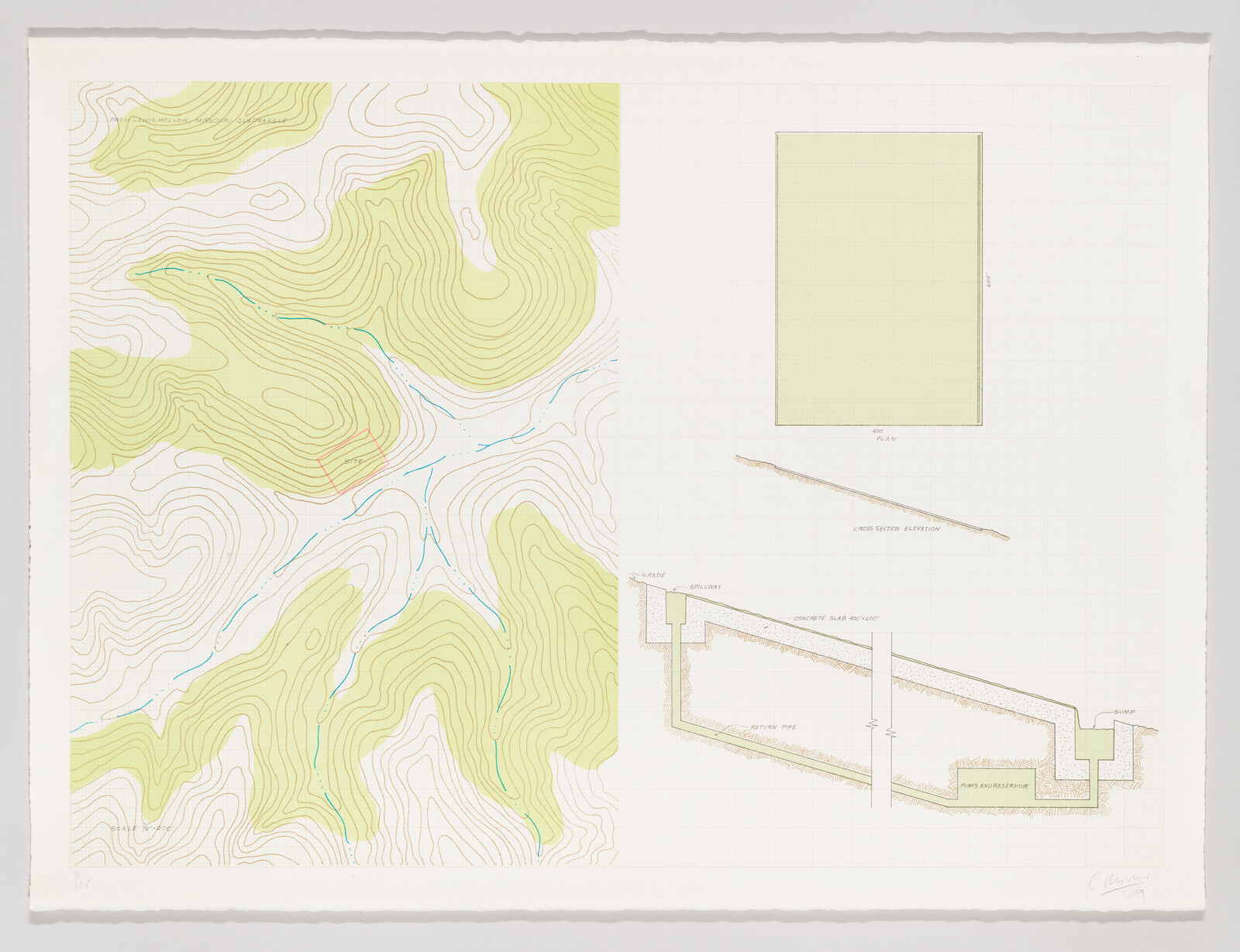 Topographic contour map with small stream channels and plan and cross-section drawings of a reservoir.