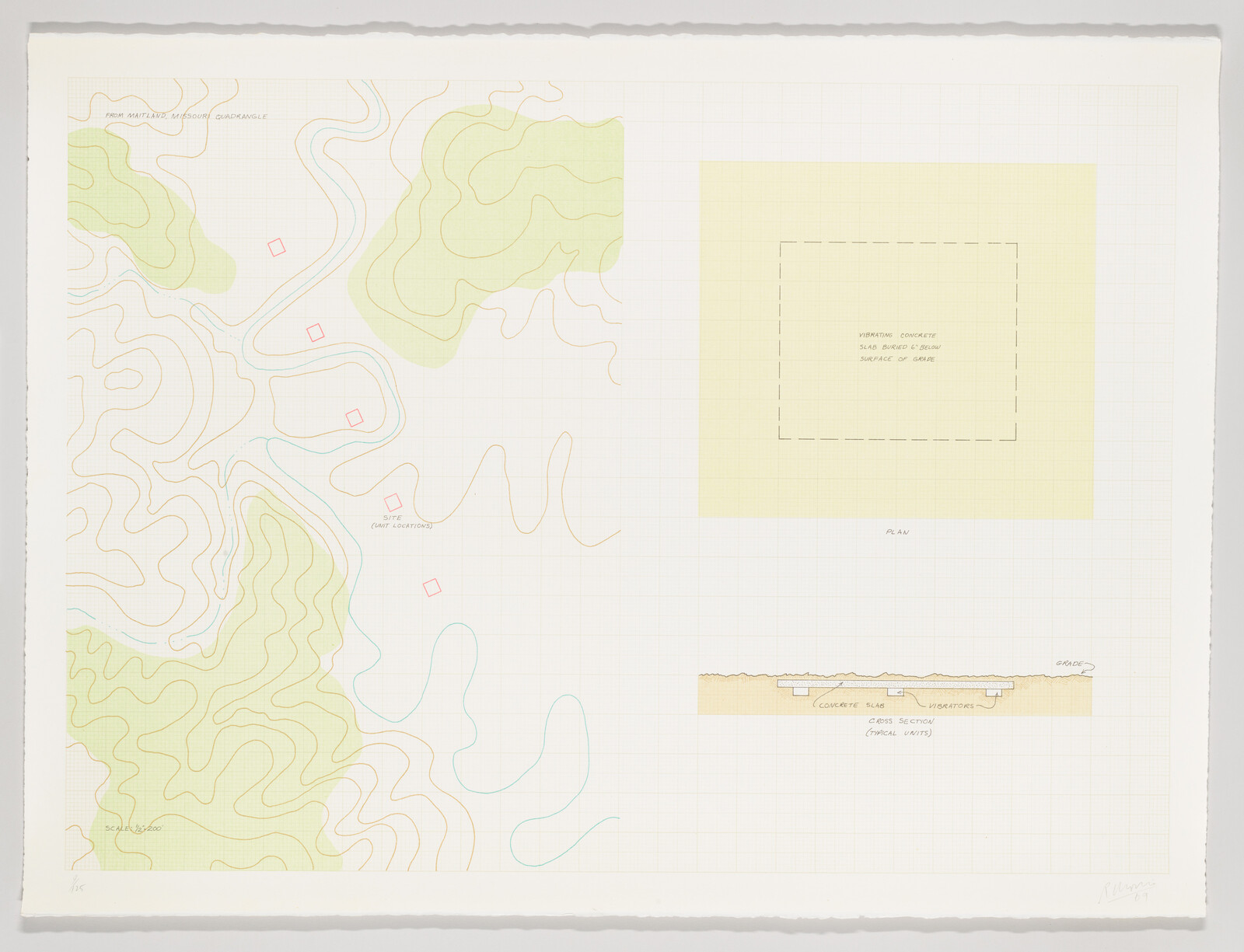 Topographic map with contour lines, four marked site squares, and a boxed plan with cross-section.