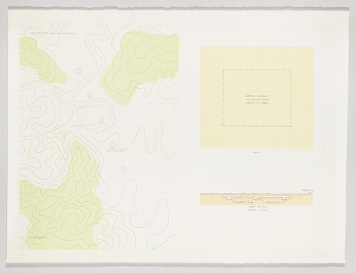 Topographic map with contour lines, four marked site squares, and a boxed plan with cross-section.