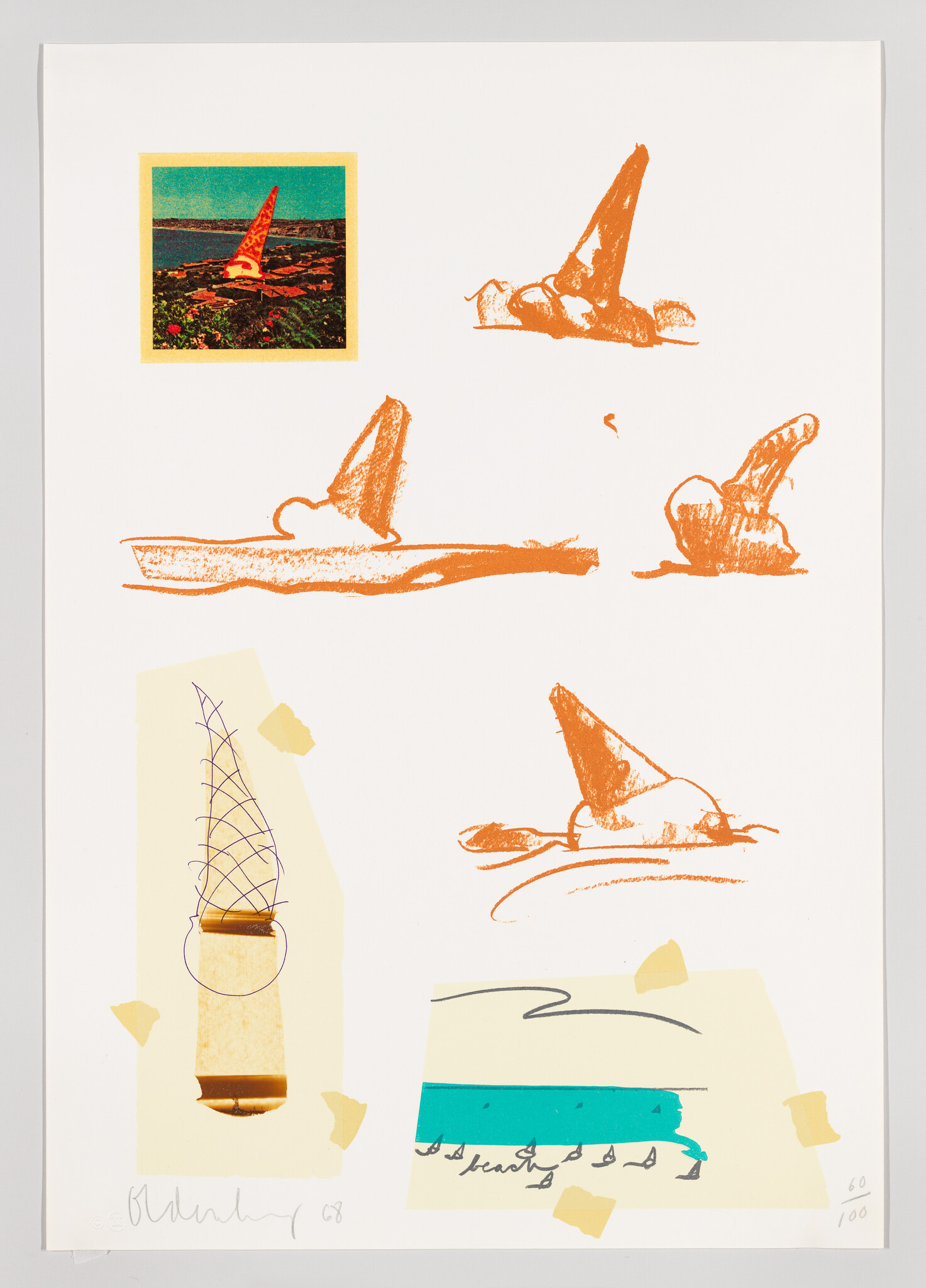 Several orange sketches of melting ice cream cones with tape, a small photo, and scribbled doodles.