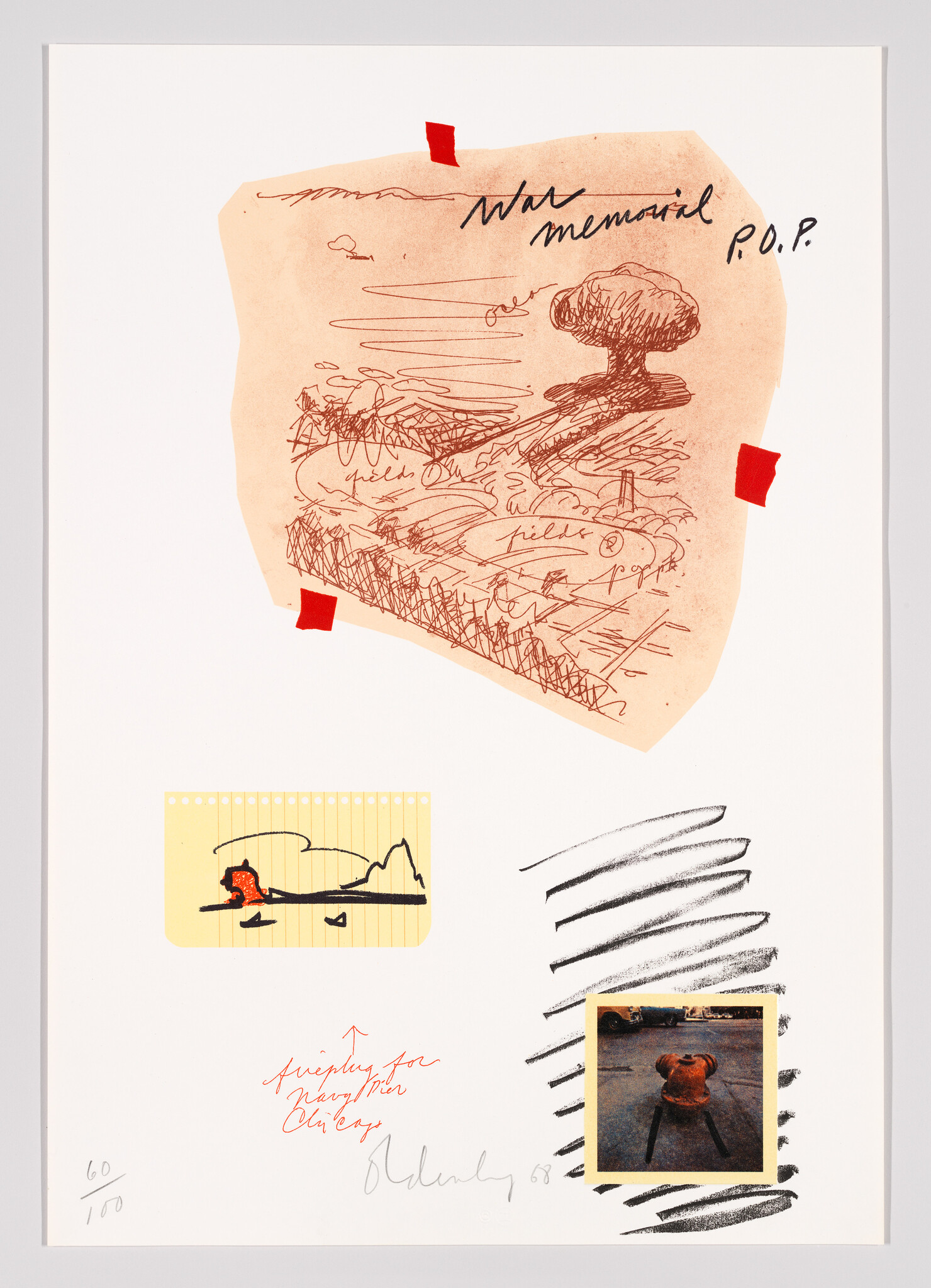 Collage of sketches and notes centered on a war memorial concept, with taped paper.