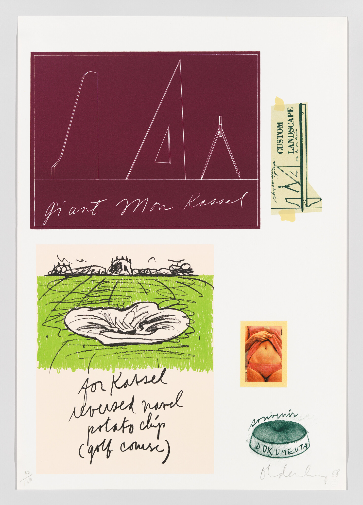 A collage showing graphic maroon shapes, a green field with a crater-like potato chip and handwritten notes.