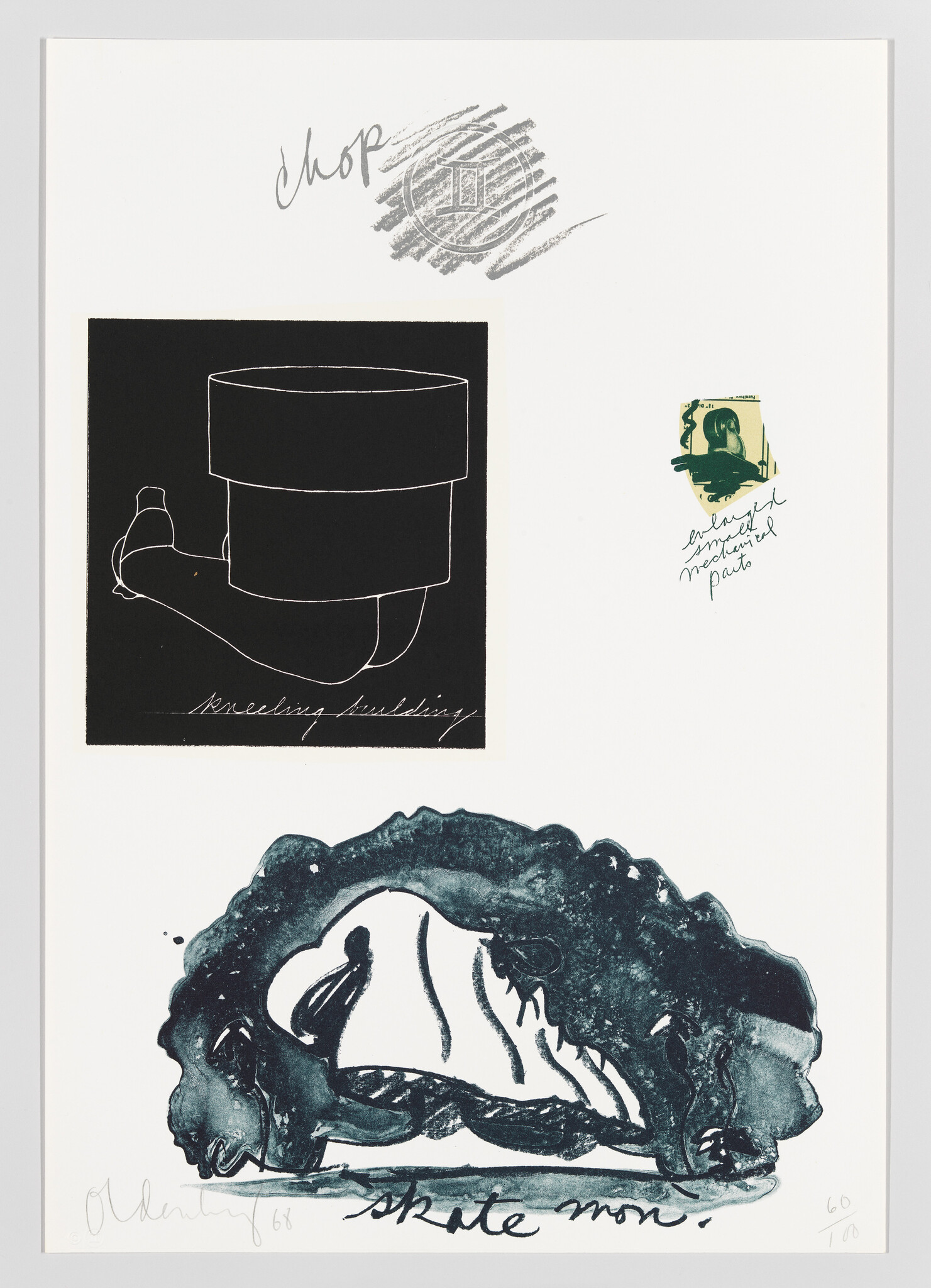 Abstract black-and-white collage showing stacked cylinder over a kneeling figure and dark organic form below.