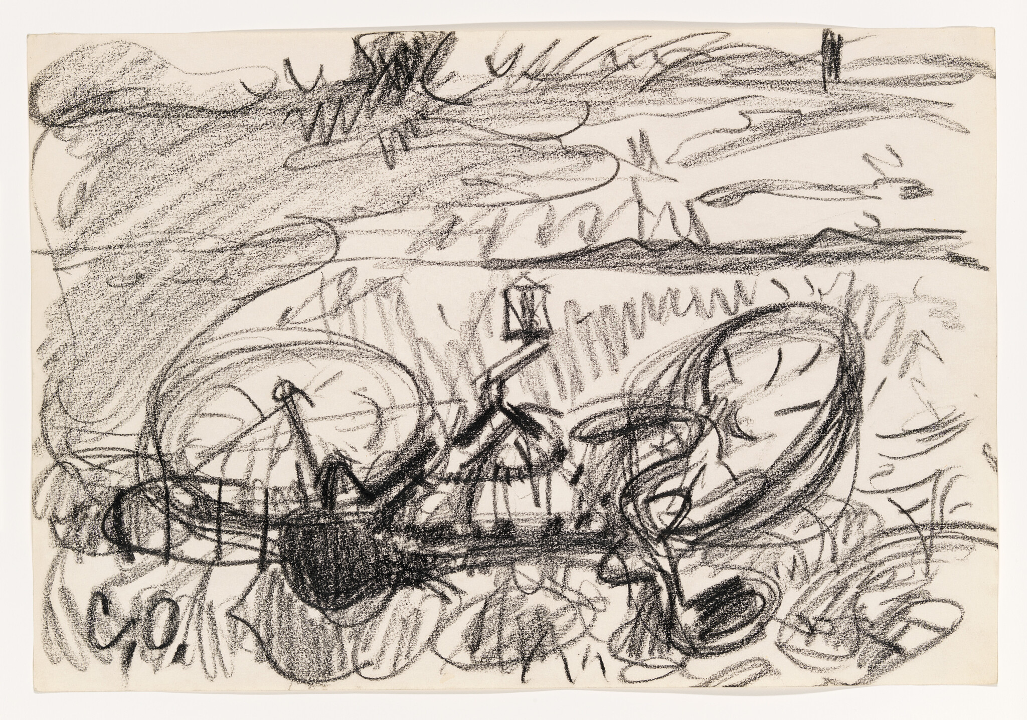 Charcoal sketch of a bicycle lying on the ground with abstract lines and shapes around it.