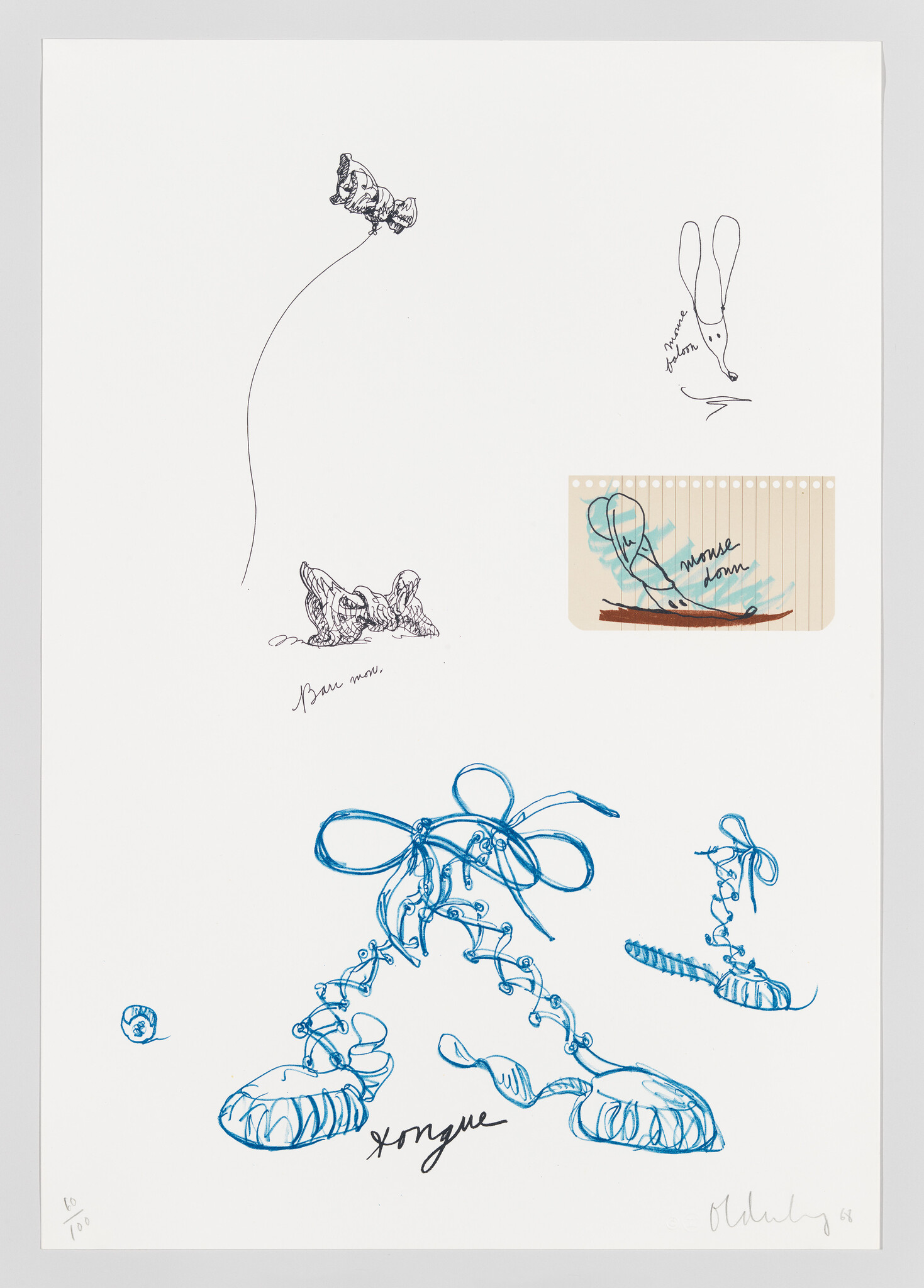 Blue ink sketch of laced, ribbon-tied shoe-like forms connected by loops and small doodles.