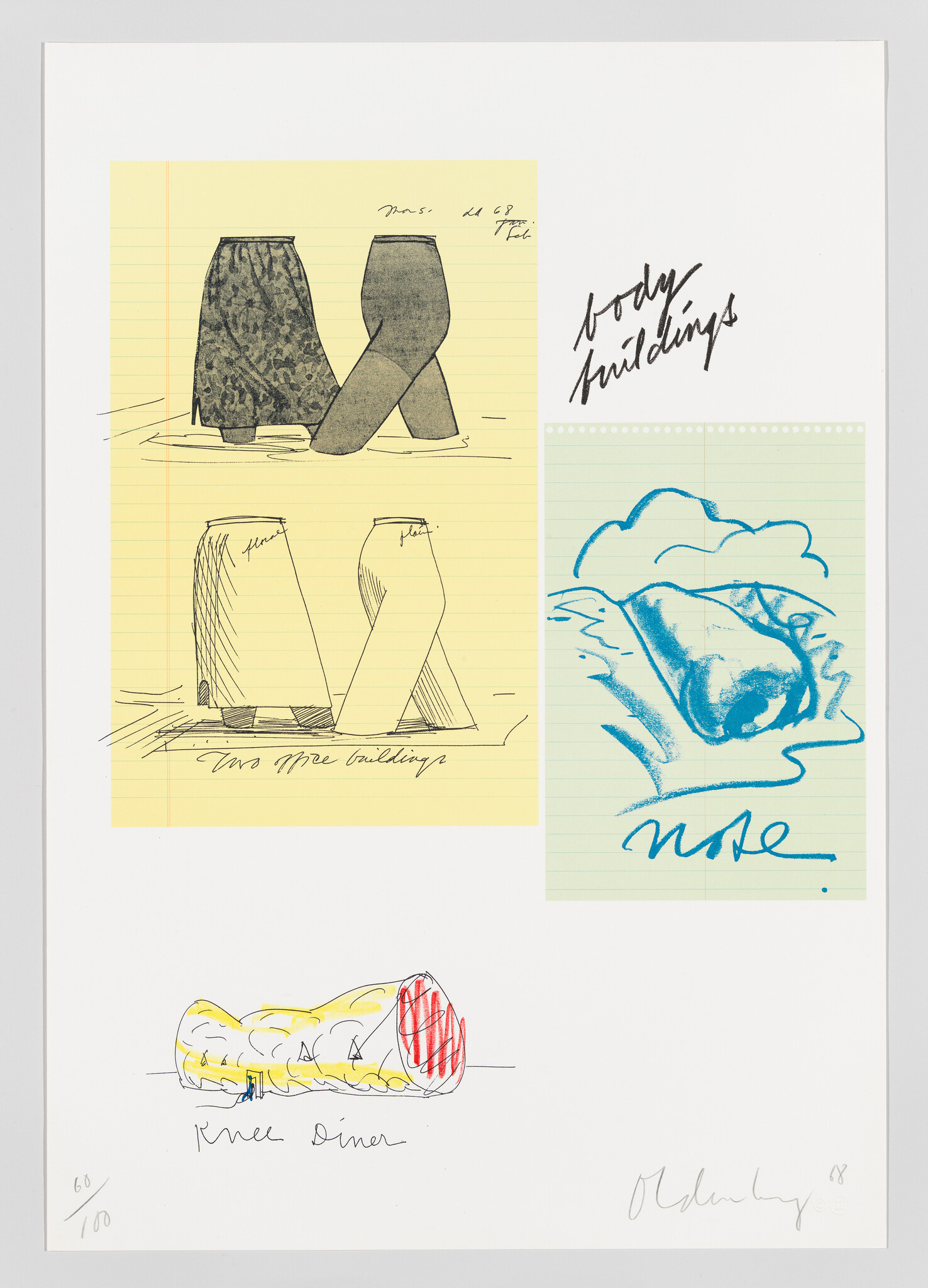 Several notebook sketches show paired leg-shaped building forms, a blue drawing, and "body buildings" handwriting.