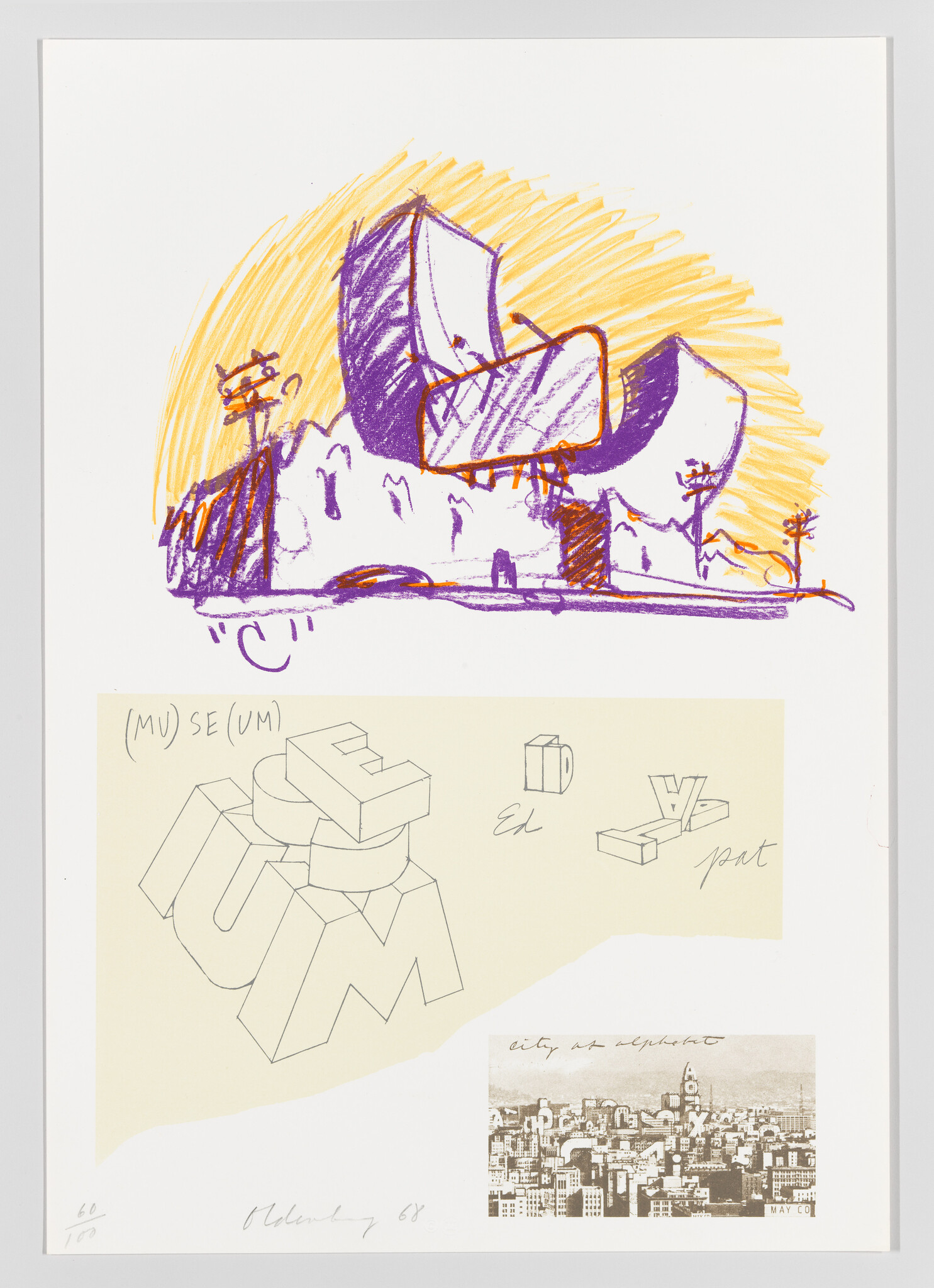 A purple and orange crayon sketch of abstract buildings above geometric 3D letter drawings and a city photo.