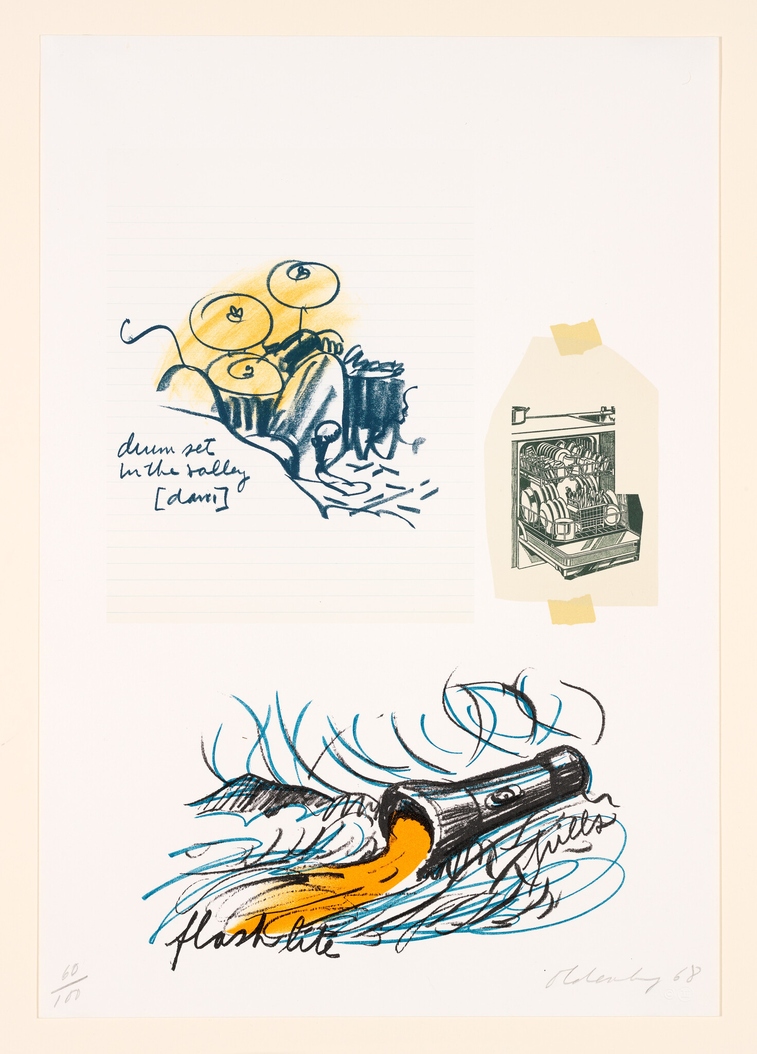 A flashlight casts a bright beam across scribbled waves below sketches of drums and a dishwasher.