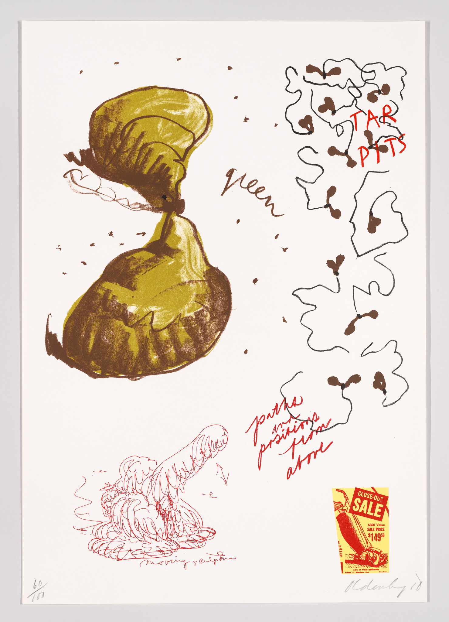 A large olive-green abstract form dominates the page with scattered doodles and red "TAR PITS" text.