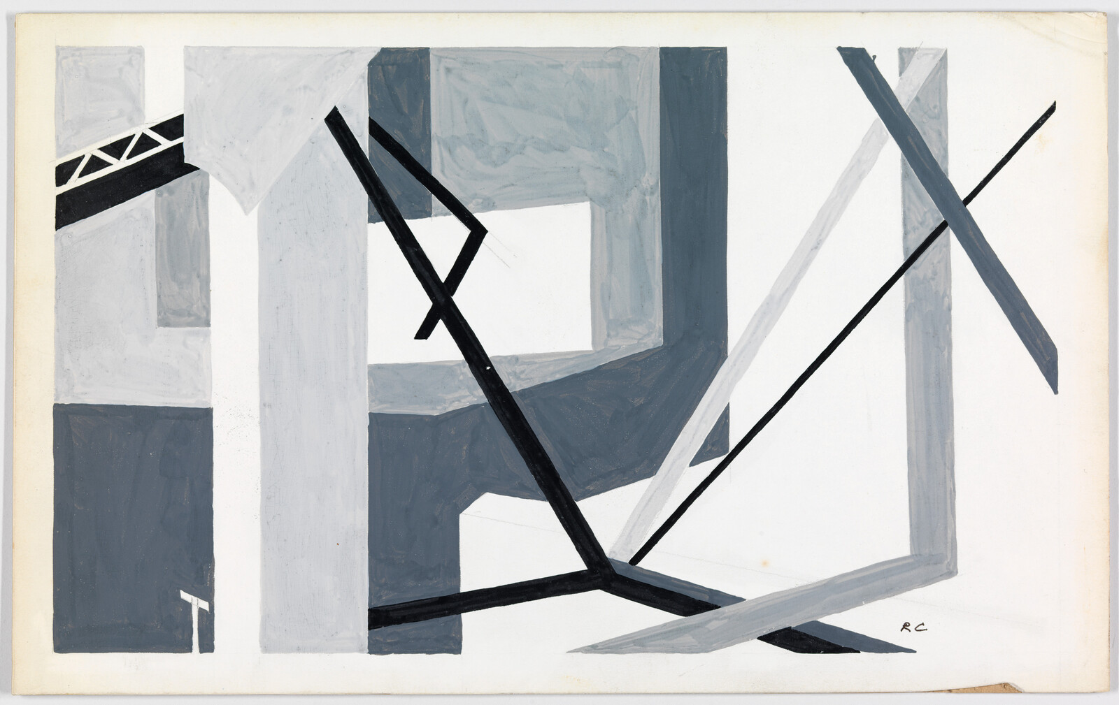 Abstract grayscale composition with intersecting angled beams and rectangular blocks creating architectural shapes.