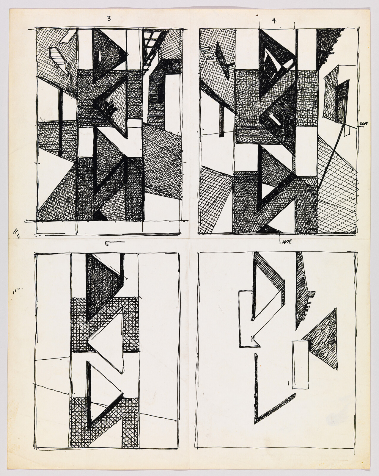 Four panels of black ink geometric sketches with triangles and dense cross-hatching on cream paper.