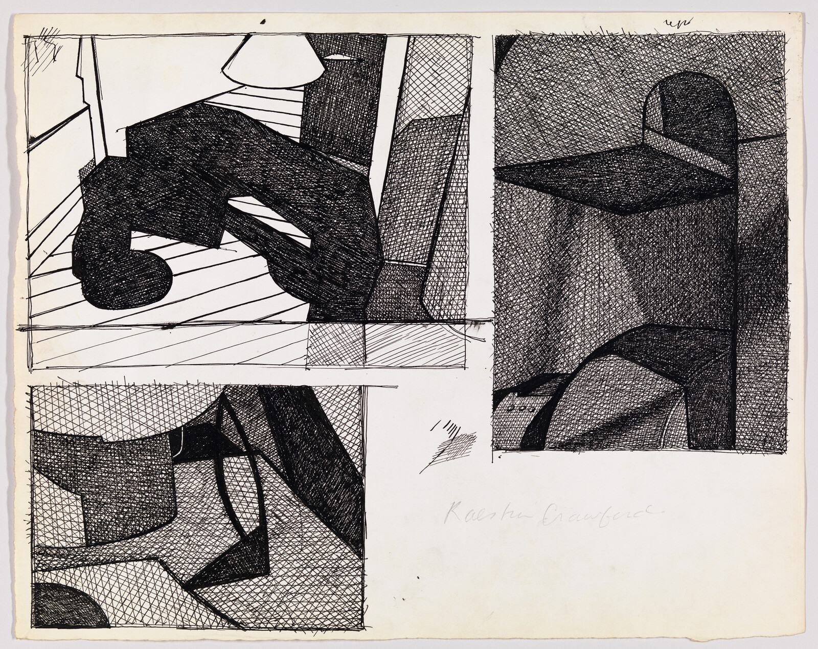 Three-panel ink drawing showing dark crosshatched abstract geometric shapes and overlapping forms.