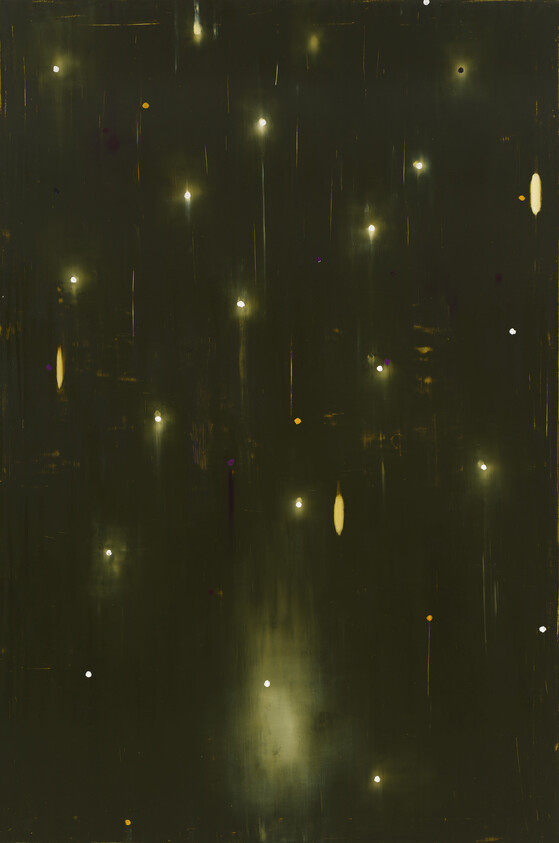 Dark green background with scattered small glowing lights and streaks resembling falling stars.