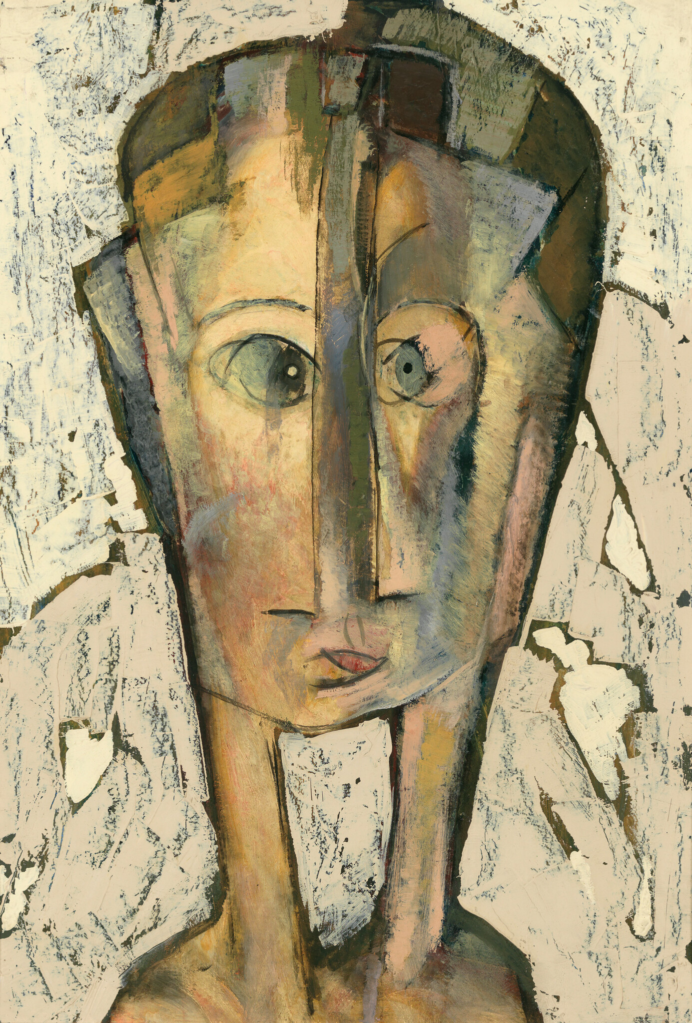 A stylized painted portrait of a long-faced person with large eyes against a textured background.