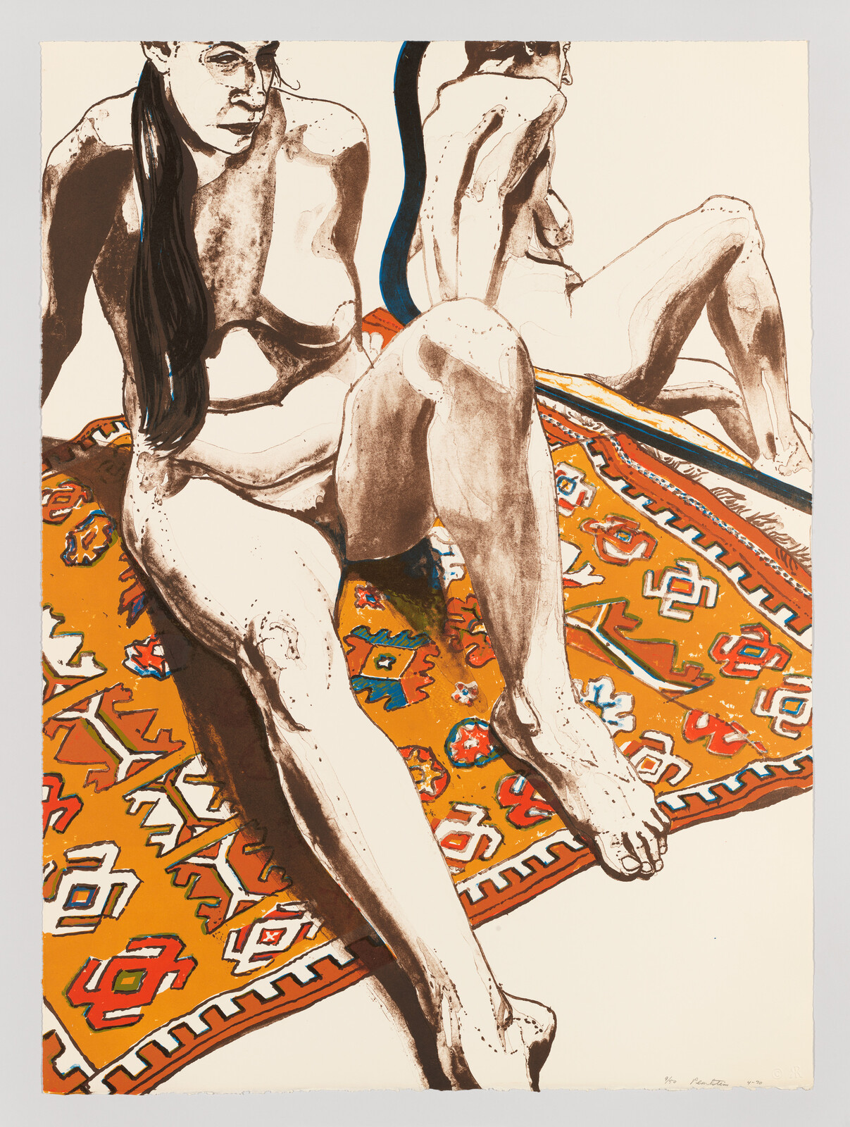 Two nude women sit and lean on a bright patterned rug, one with long dark hair.