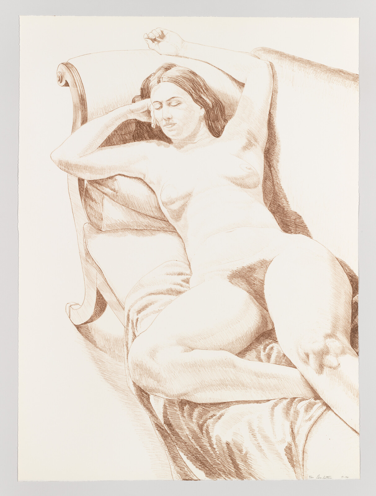 A nude woman lies reclining on a sofa with one arm raised and eyes closed.