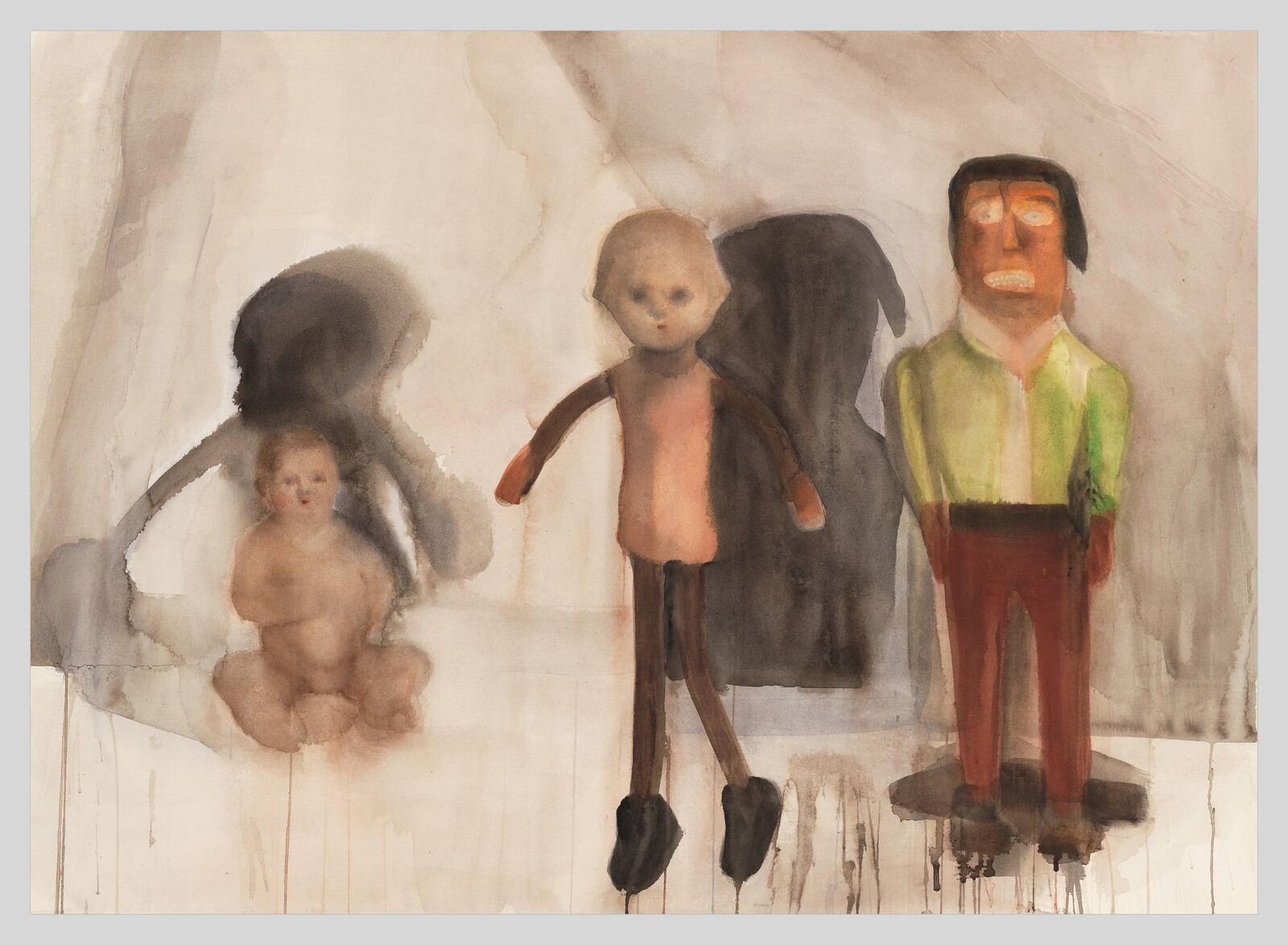Watercolor painting of three abstract figures, one resembling a shadow, another a doll, and the third a man in colorful clothes.