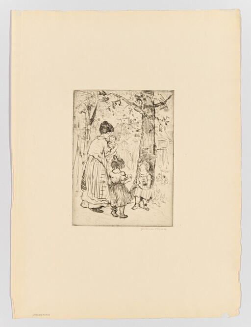 A woman holds a baby while two young girls stand near a tree in a yard.