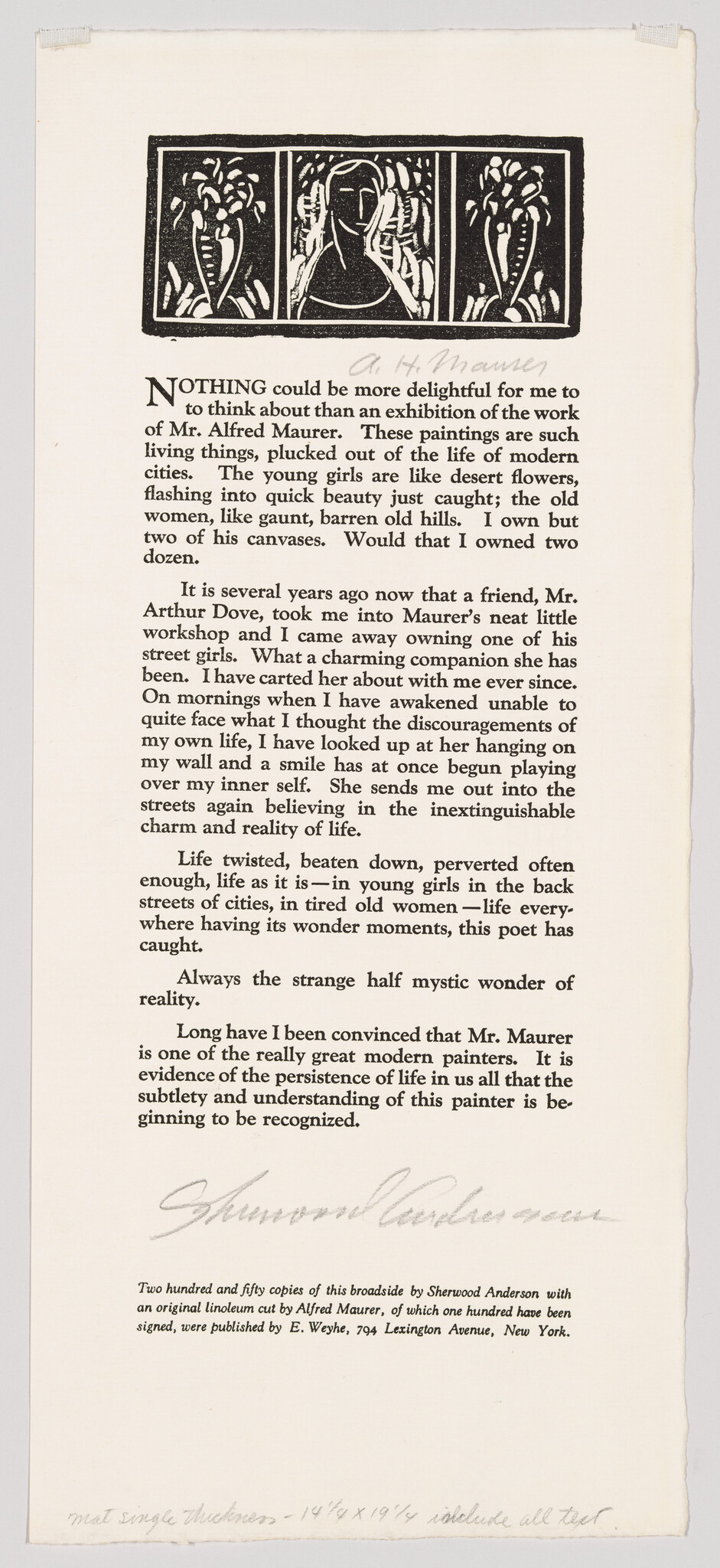 A printed broadsheet essay praising artist Alfred Maurer with decorative header and signature.