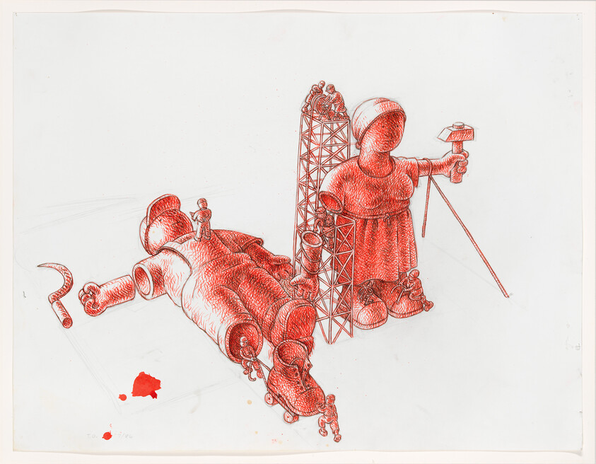 Two large red toy figures with scaffolding and tiny workers repairing and assembling them.