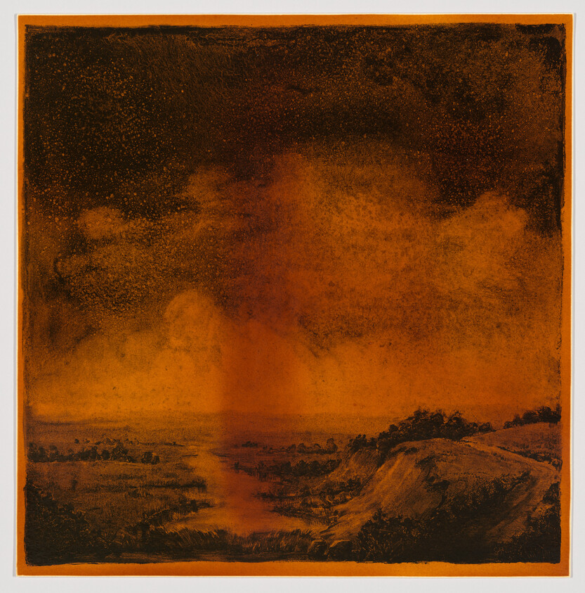 A rust-orange landscape shows rolling hills and a smoky column rising under a dark sky.