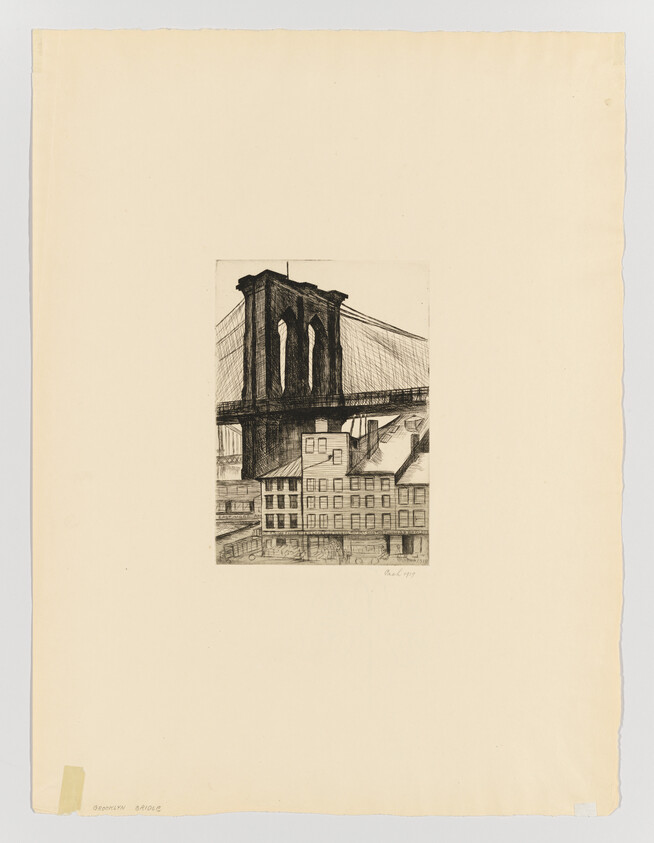 Brooklyn Bridge tower rises above older waterfront buildings in a detailed black-and-white etching.