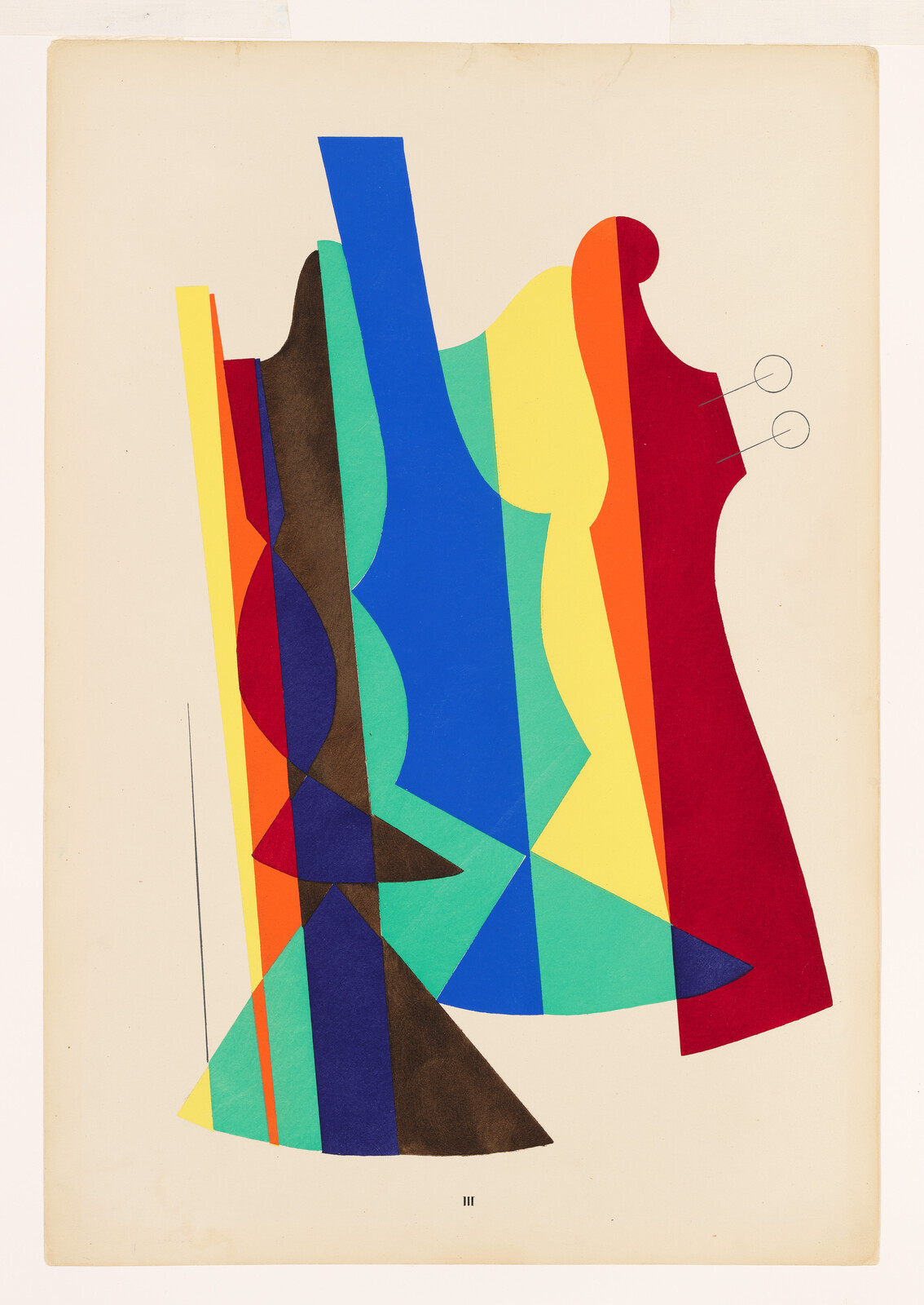 A colorful abstract artwork featuring a composition of various geometric shapes in bold colors such as blue, red, yellow, and green on an off-white paper background. The shapes overlap and interlock in a dynamic arrangement, and there are three small loops drawn near the top right corner of the piece.