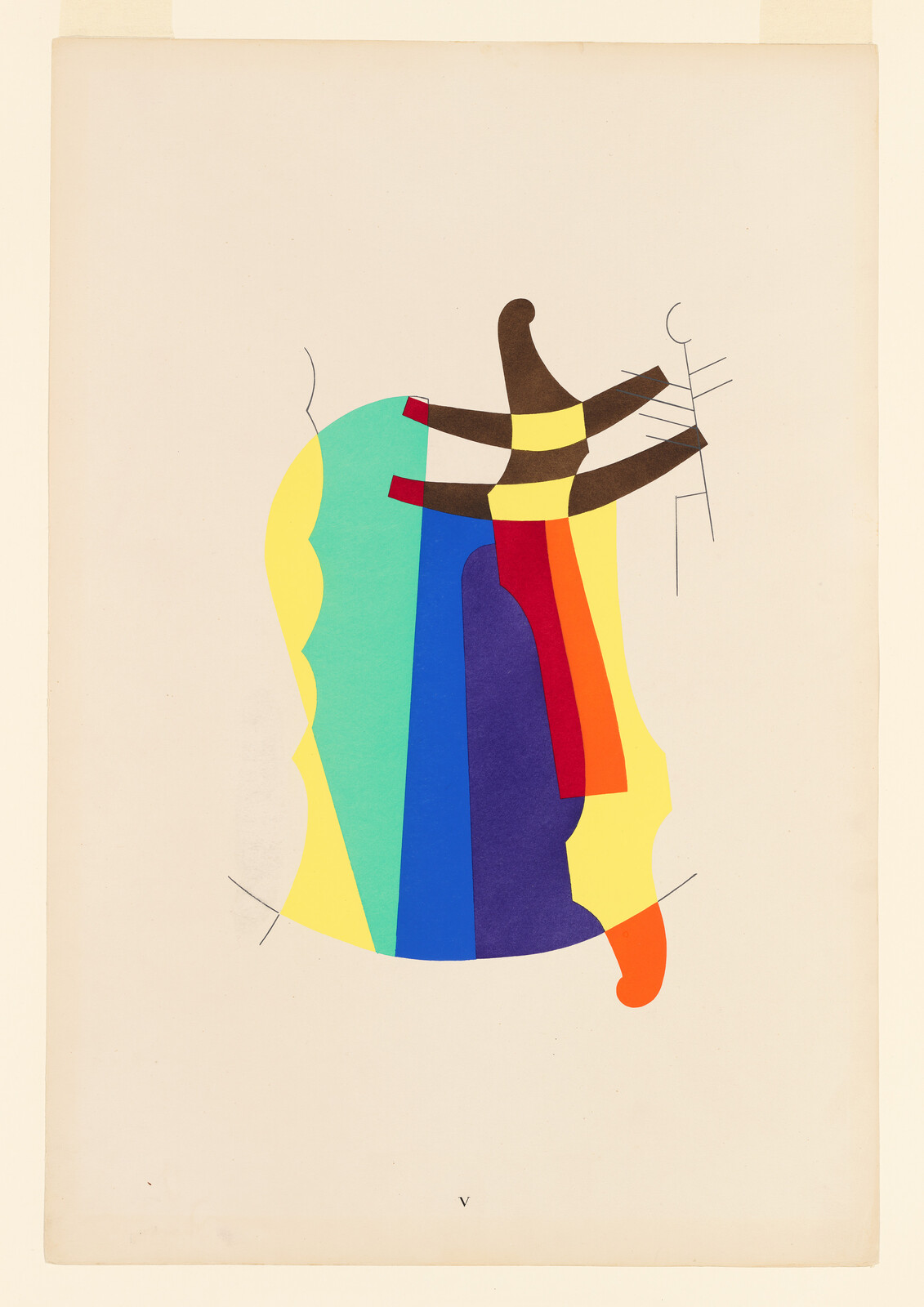 A colorful abstract artwork featuring geometric shapes and lines that create a fragmented, stylized figure against a beige background. The figure appears to be composed of various brightly colored sections, including yellow, blue, red, and purple, with black outlines suggesting limbs and facial features.