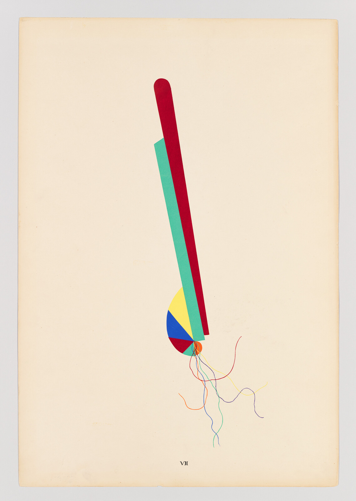 A minimalist abstract artwork featuring a long vertical shape composed of two parallel bars, one red and one teal, extending from a multicolored circle divided into pie-like segments with various colors. Thin, wavy lines in different colors emanate from the bottom of the circle, suggesting movement or dangling strings. The background is a plain, lightly textured beige surface with the artist's initials "VH" in the lower right corner.