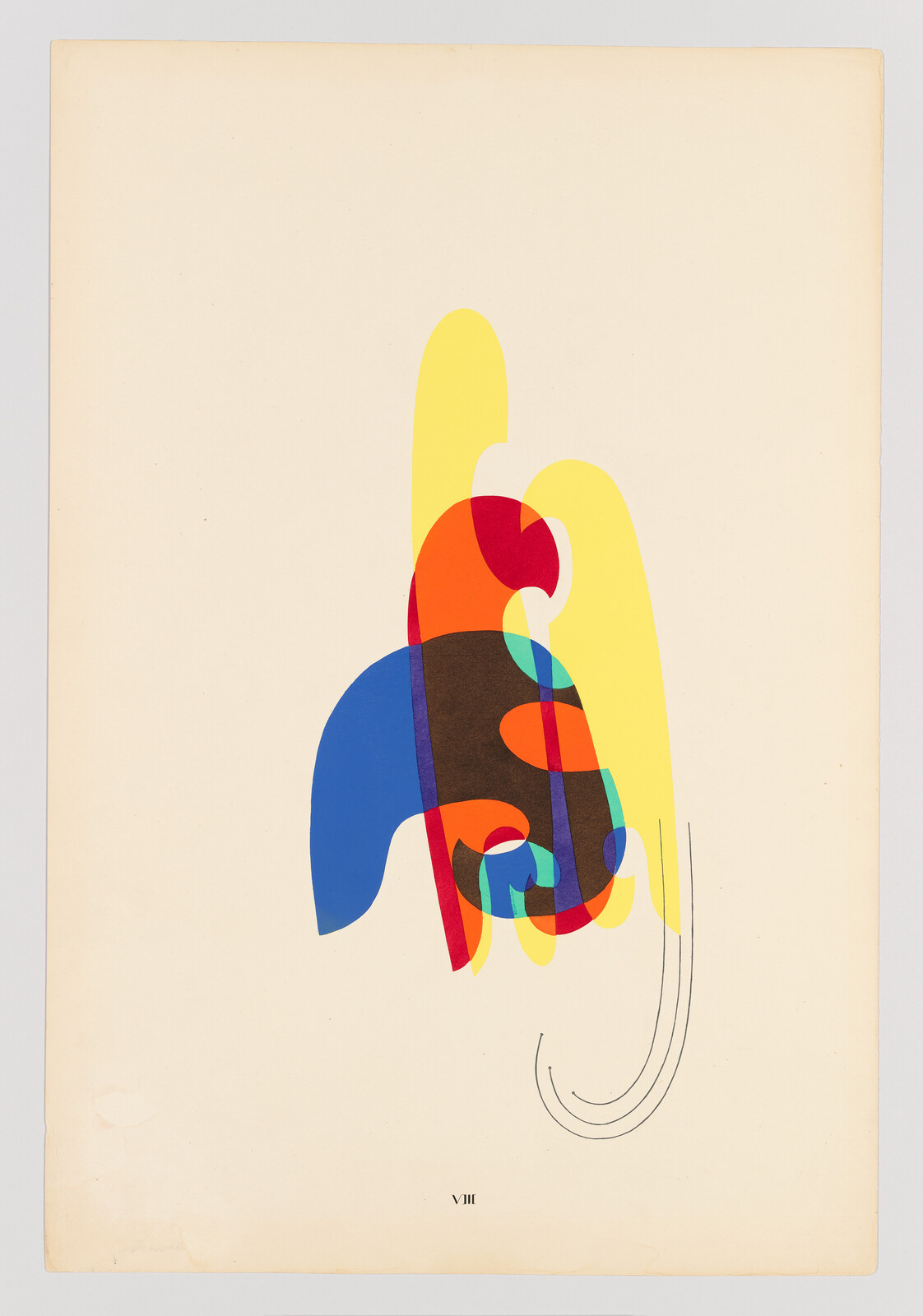 A colorful abstract print featuring overlapping shapes in red, yellow, blue, and brown on an off-white background. The shapes are arranged in a fluid, organic form that suggests movement. There is a small "VIII" printed in the bottom left corner.