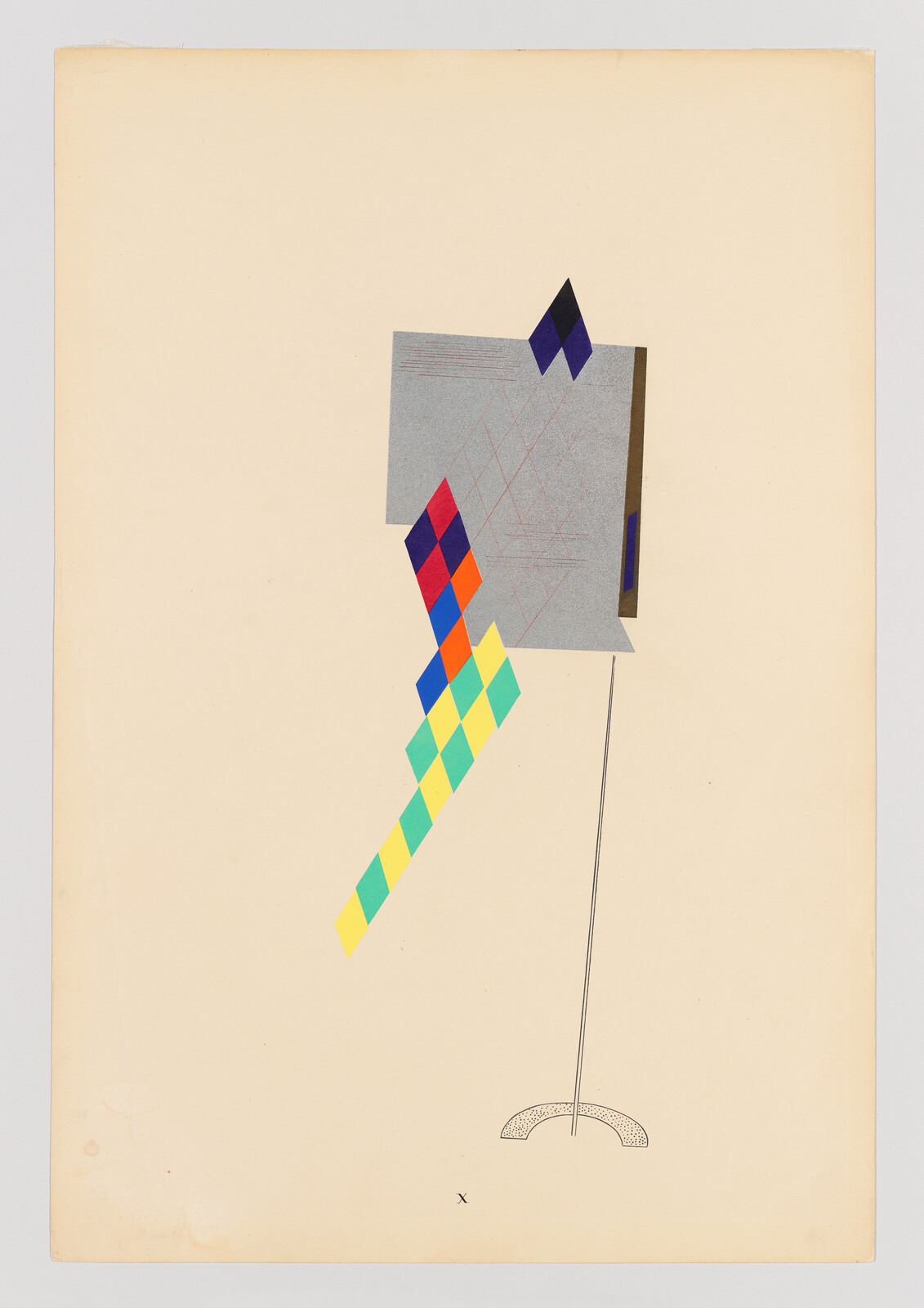 A geometric abstract artwork featuring a composition of various shapes and colors. A central gray square with a pattern of intersecting lines is overlaid with smaller blue and red squares. A colorful, checkered tail of alternating yellow, green, and blue squares extends from one side, and the figure is supported by a thin black line standing on a semicircular base. The background is an aged off-white paper with a visible crease and some discoloration.