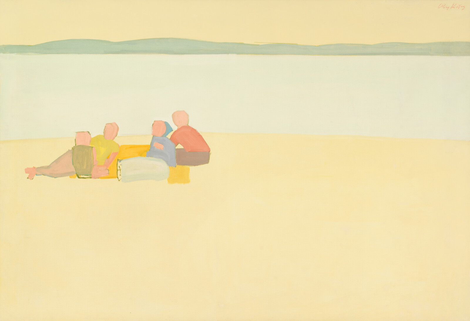 Five people sit together on a sandy beach facing calm water under a pale sky.