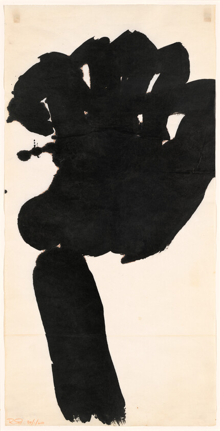 Large black abstract ink shape resembling a tree-like form on a plain white background.