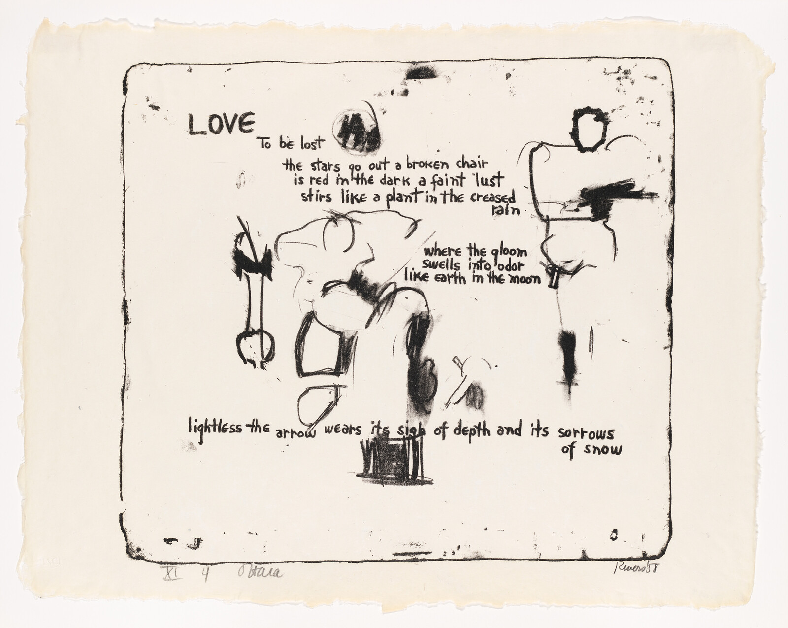 Black ink sketch and handwritten poem titled "Love" with abstract figures on aged paper.
