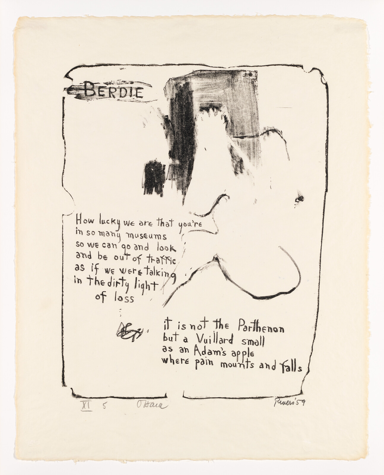 Handwritten poem and loose ink sketch titled Berdie on aged paper.