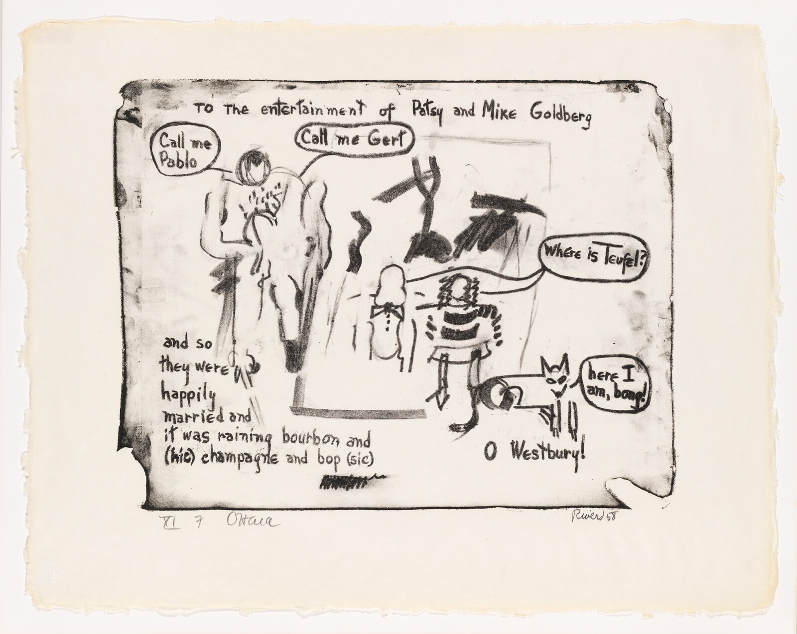 A rough black-and-white cartoon showing human figures, a cat, and several speech bubbles.