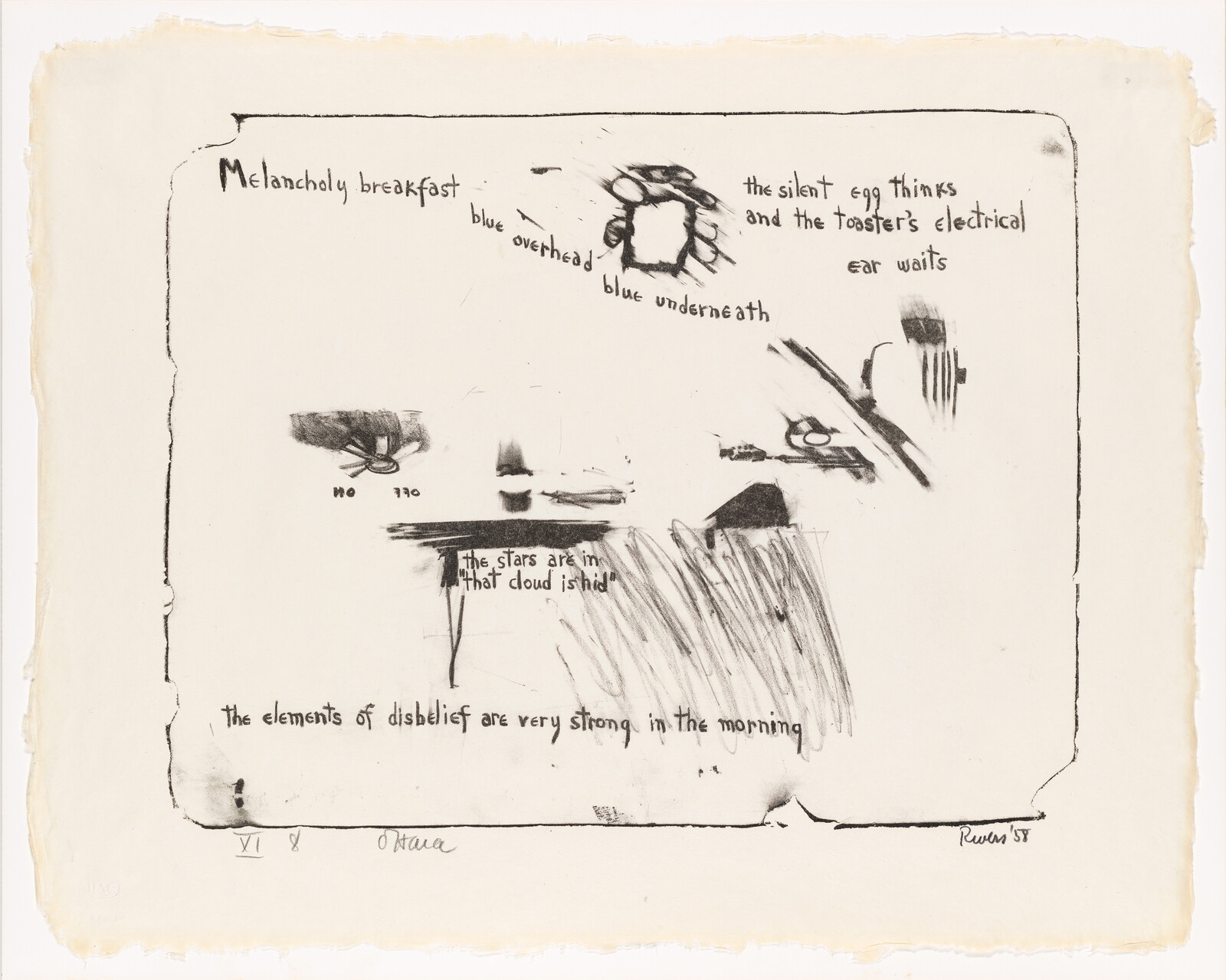 Handwritten page with scattered sketches and phrases about a melancholy breakfast and morning disbelief.