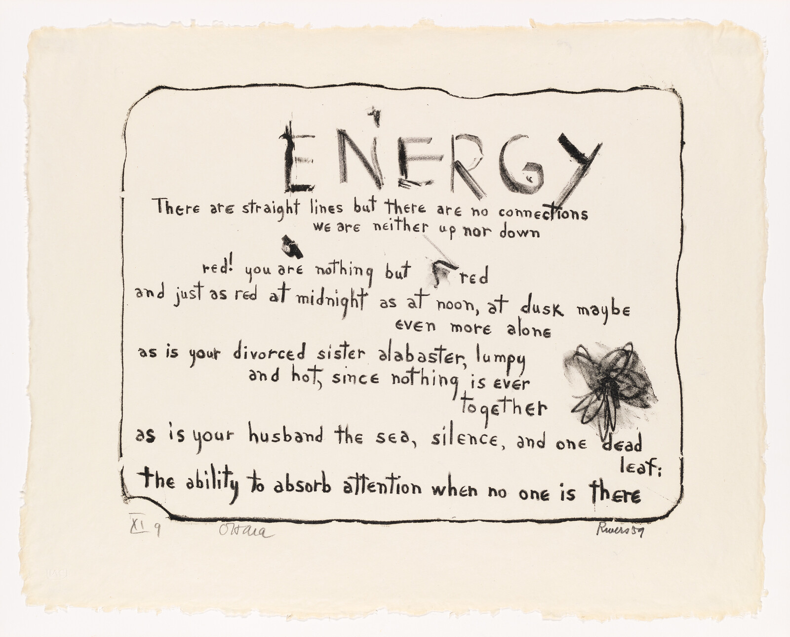 Handwritten poem titled "Energy" with poetic lines and a smudged flower drawing.