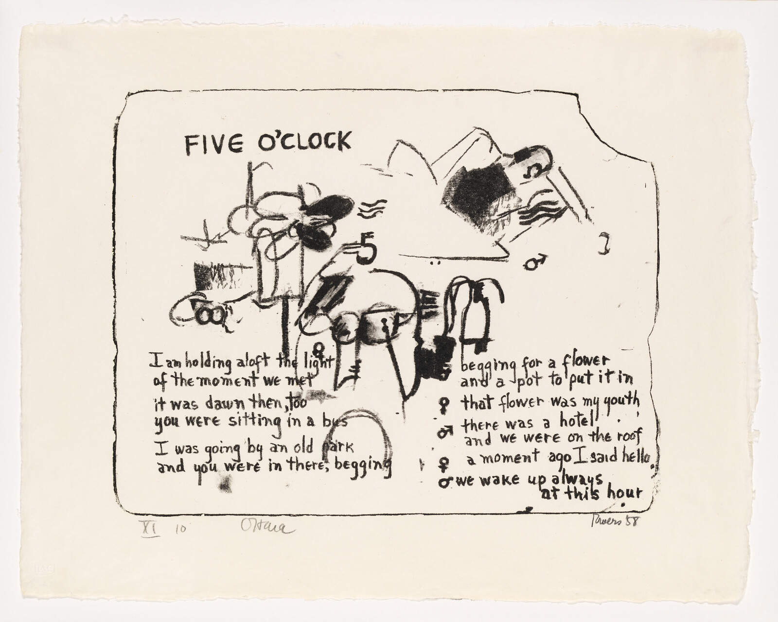 Hand-drawn sketch titled "Five o'clock" with abstract figures and handwritten poem lines.