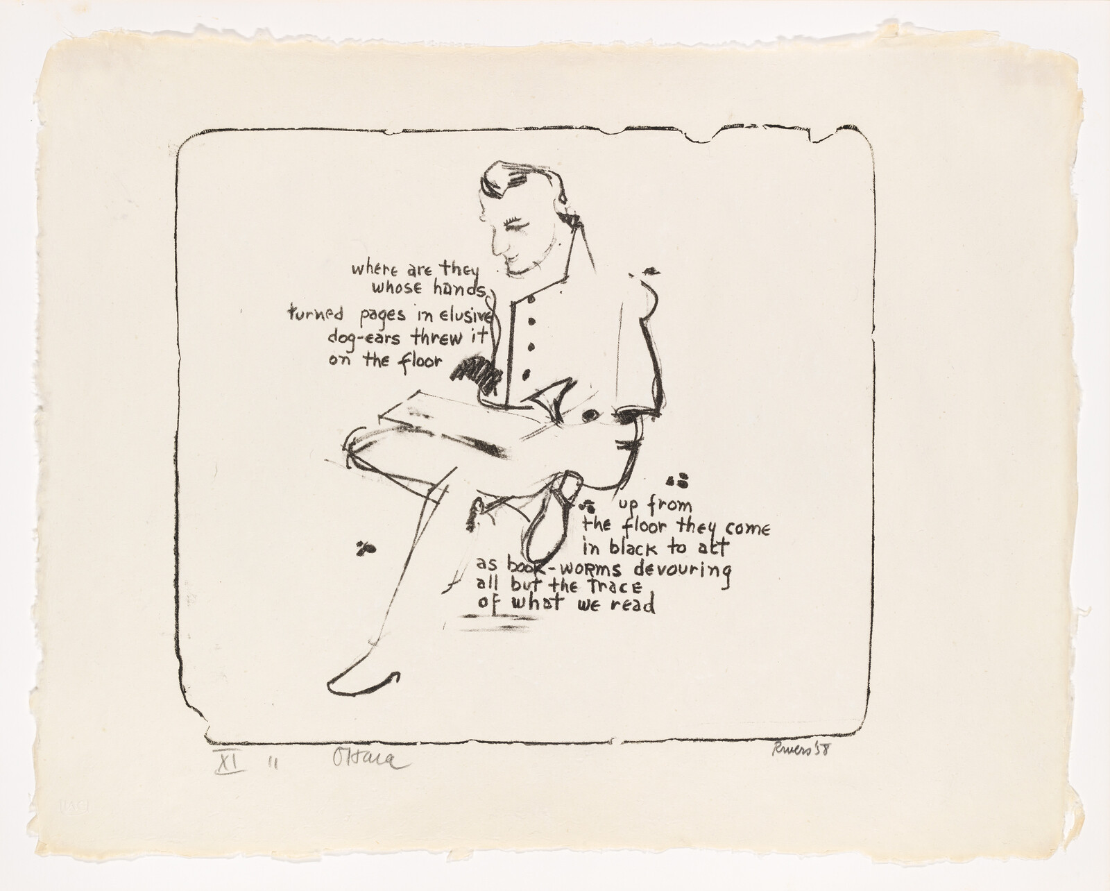 A sketch of a man sitting cross-legged reading a book with handwritten poem text.