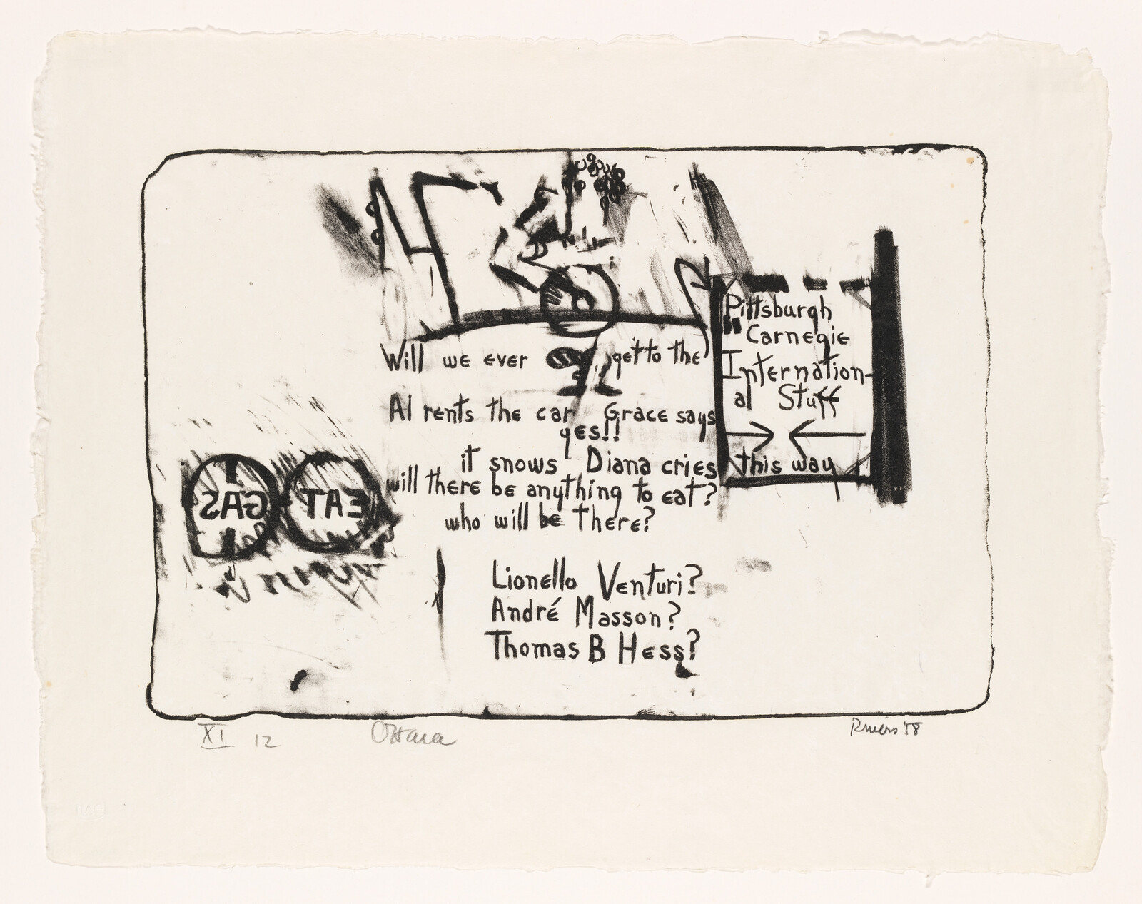 Hand-drawn black ink sketch with handwritten questions about reaching the Pittsburgh Carnegie International and names.