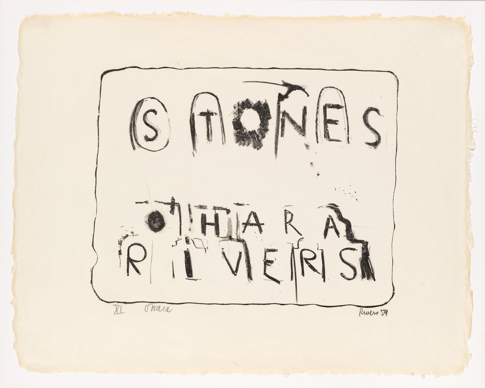 Hand-drawn black ink text reading 'STONES' and fragmented letters inside a rough rectangular frame.