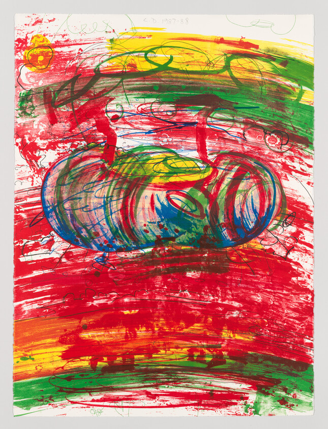 Bold abstract painting with a large colorful double-lobed shape amid sweeping red, green, and yellow brushstrokes.