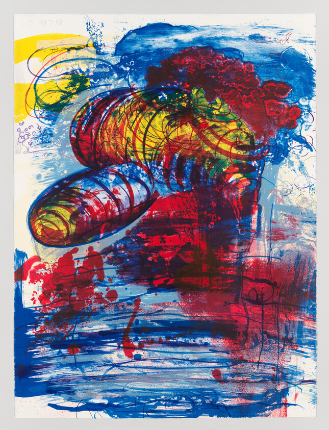 Abstract painting showing colorful swirling tubular forms with bold red and blue brushstrokes.