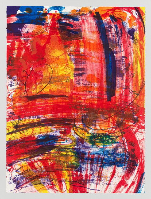 Vibrant abstract painting with sweeping red, yellow, and blue brushstrokes and layered textures.