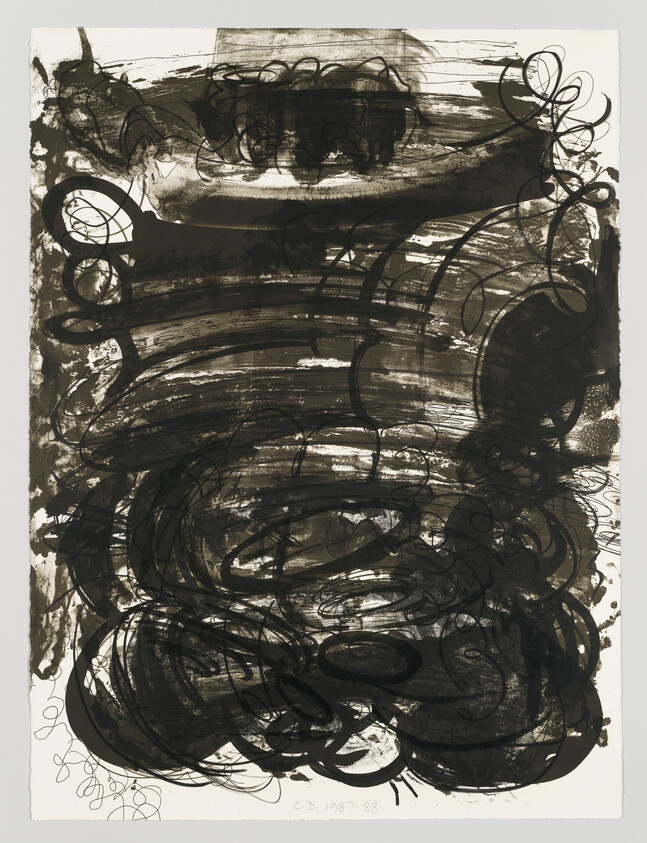Chaotic black ink swirls and broad horizontal strokes covering a white sheet with looping scribbles.