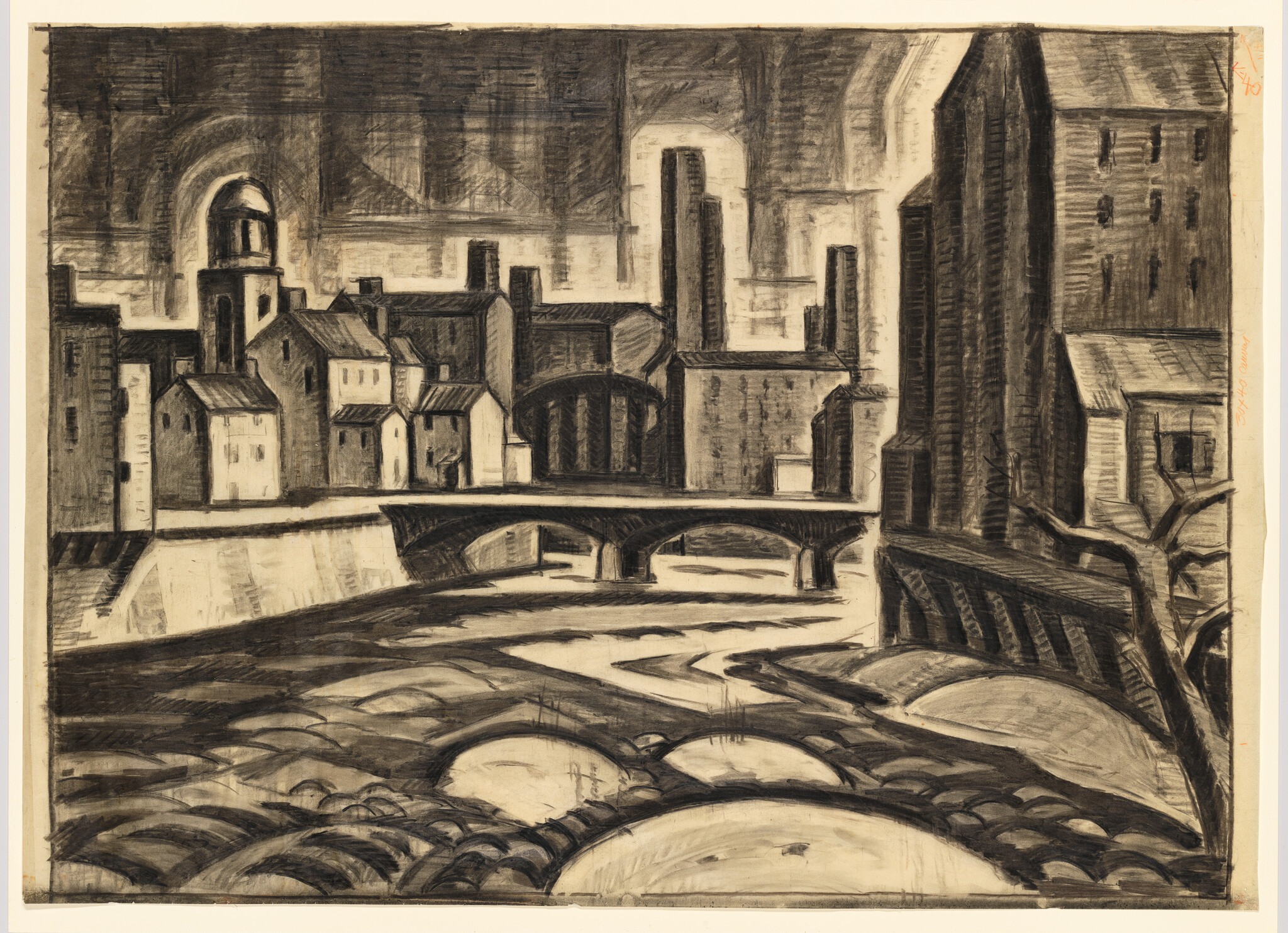A charcoal cityscape showing a bridge over a river with clustered buildings and a domed tower.