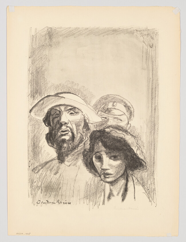 Charcoal drawing of a bearded man wearing a wide hat and a young woman standing close together.